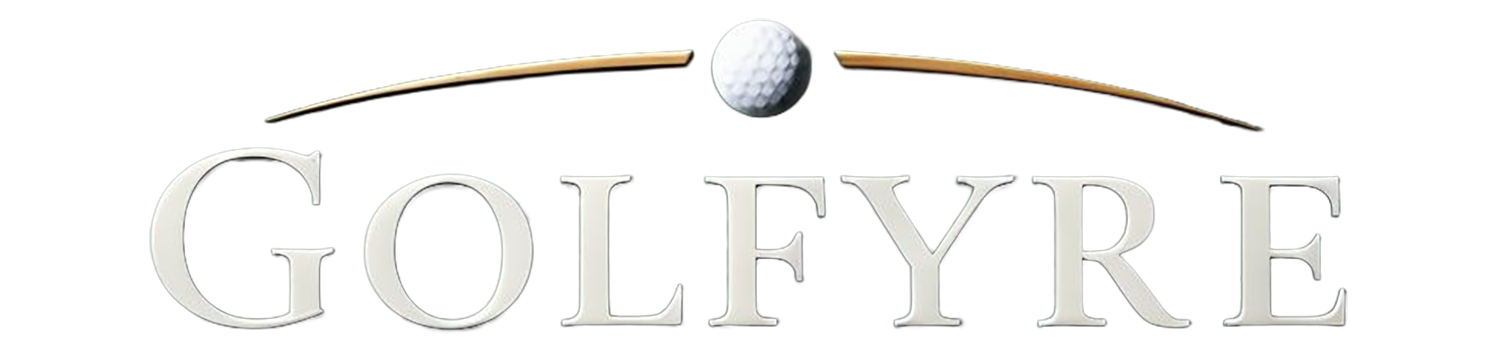 Minimalist elegant logo with text ‘golfyre’. Premium classic style, clean serif font, small golf-inspired element (ball or swing arc). Colors_ deep green, black, white, gold